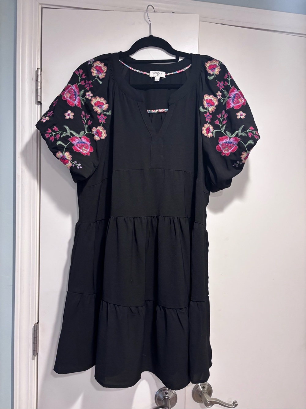 Umgee Floral Embroidered Puff Sleeve Tiered Black Dress